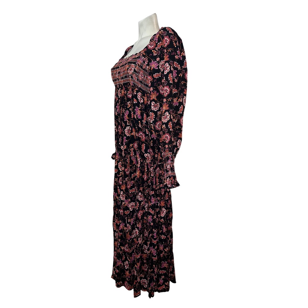 Free People Womens Smocked Floral Midi Dress Black Pink Long Sleeve Size M Boho - Picture 4 of 8